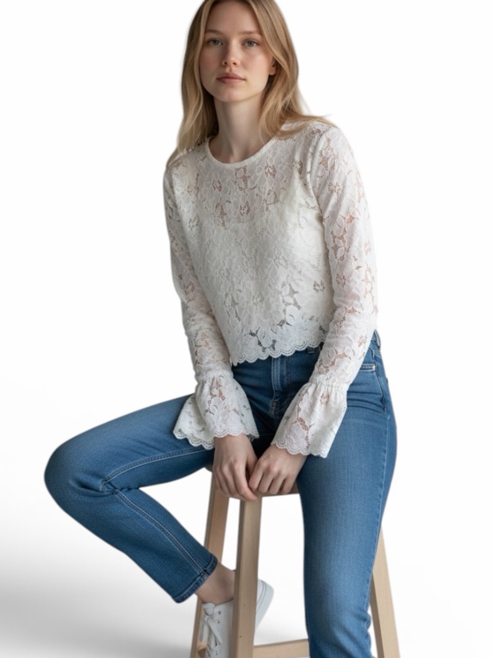 Zara•White Lace Long Sleeve Crop Top